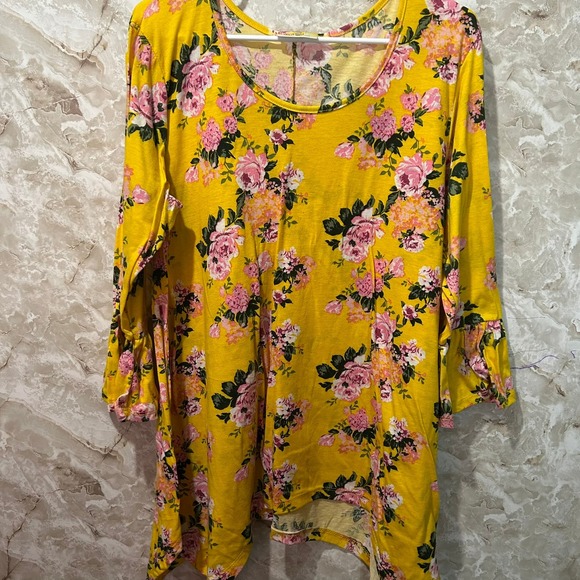 Bobbie Brooks Floral Tunic Top Ruffle Sleeve Bright Yellow‎ Pink 1X - Picture 1 of 7
